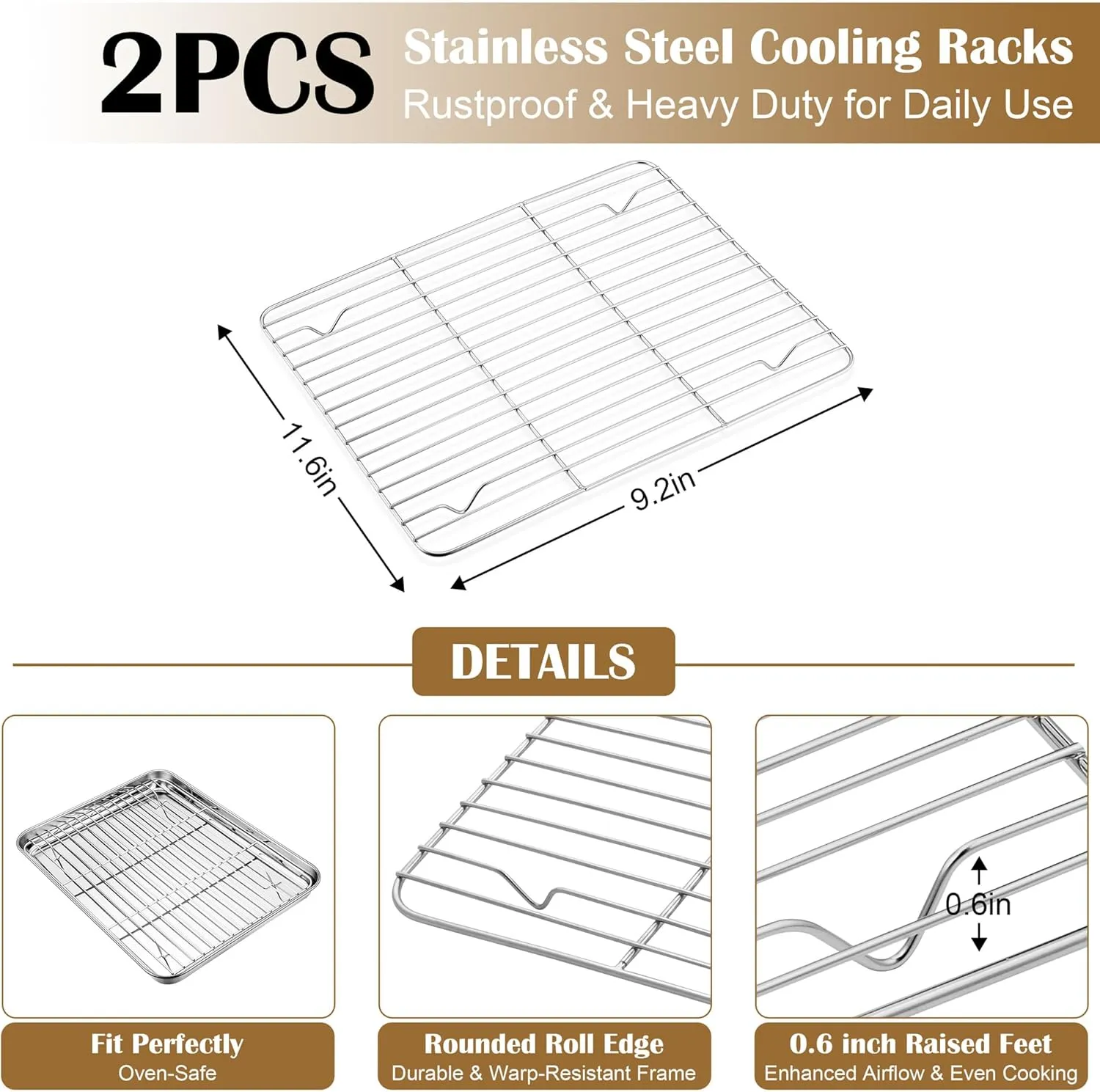 E-far Baking Sheet with Wire Rack (2 Pans   2 Racks), Stainless Steel Cookie Sheets Pan & Cooling Rack for Baking Cookies Cake, Non Toxic & Heavy Duty, Oven & Dishwasher Safe, 12.4 x 9.7 x 1 Inch