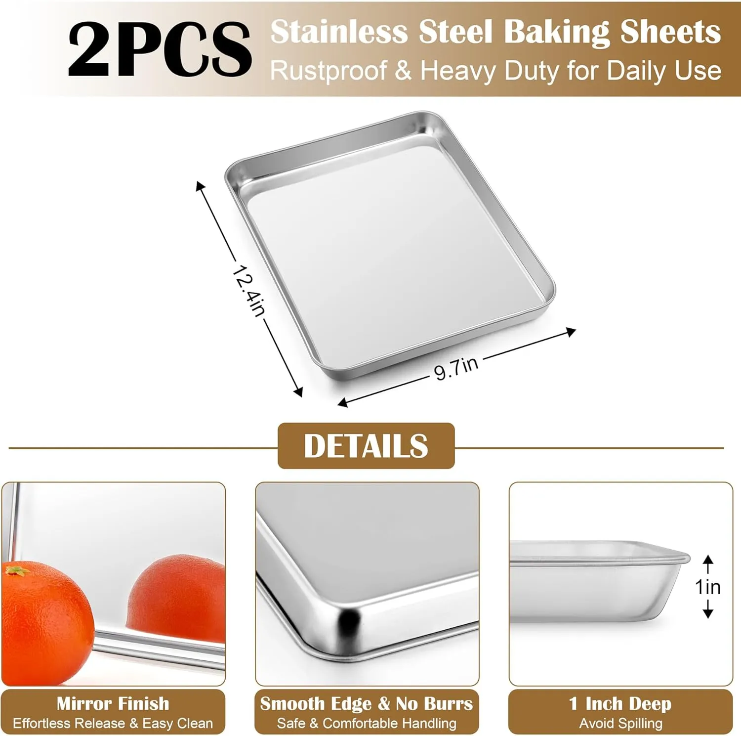 E-far Baking Sheet with Wire Rack (2 Pans   2 Racks), Stainless Steel Cookie Sheets Pan & Cooling Rack for Baking Cookies Cake, Non Toxic & Heavy Duty, Oven & Dishwasher Safe, 12.4 x 9.7 x 1 Inch