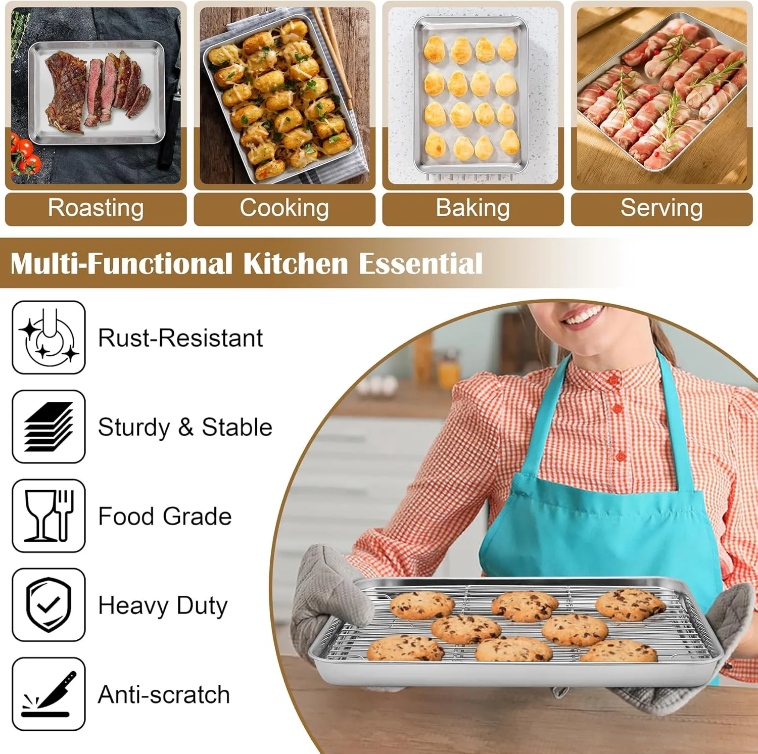 E-far Baking Sheet with Wire Rack (2 Pans   2 Racks), Stainless Steel Cookie Sheets Pan & Cooling Rack for Baking Cookies Cake, Non Toxic & Heavy Duty, Oven & Dishwasher Safe, 12.4 x 9.7 x 1 Inch
