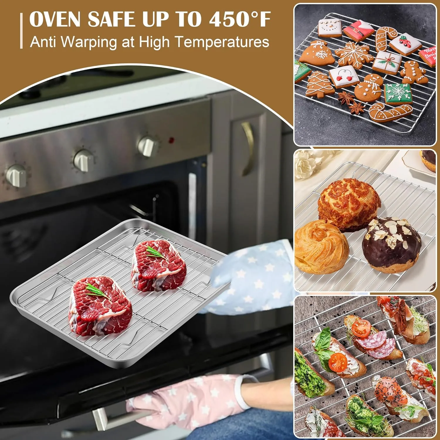E-far Baking Sheet with Wire Rack (2 Pans   2 Racks), Stainless Steel Cookie Sheets Pan & Cooling Rack for Baking Cookies Cake, Non Toxic & Heavy Duty, Oven & Dishwasher Safe, 12.4 x 9.7 x 1 Inch
