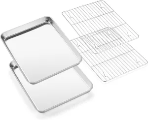 E-far Baking Sheet with Wire Rack (2 Pans   2 Racks), Stainless Steel Cookie Sheets Pan & Cooling Rack for Baking Cookies Cake, Non Toxic & Heavy Duty, Oven & Dishwasher Safe, 12.4 x 9.7 x 1 Inch