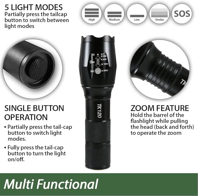 EcoGear FX Complete LED Tactical Flashlight Kit TK120 Flashlight with Rechargeable Battery: High Lumens with 5 Light Modes, Water Resistant, Adjustable Focus Zoom