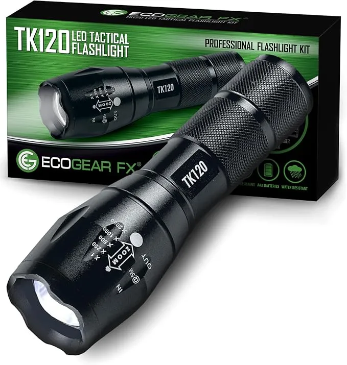EcoGear FX Complete LED Tactical Flashlight Kit TK120 Flashlight with Rechargeable Battery: High Lumens with 5 Light Modes, Water Resistant, Adjustable Focus Zoom