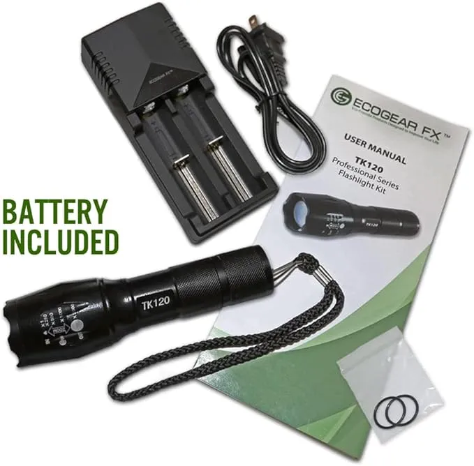 EcoGear FX Complete LED Tactical Flashlight Kit TK120 Flashlight with Rechargeable Battery: High Lumens with 5 Light Modes, Water Resistant, Adjustable Focus Zoom
