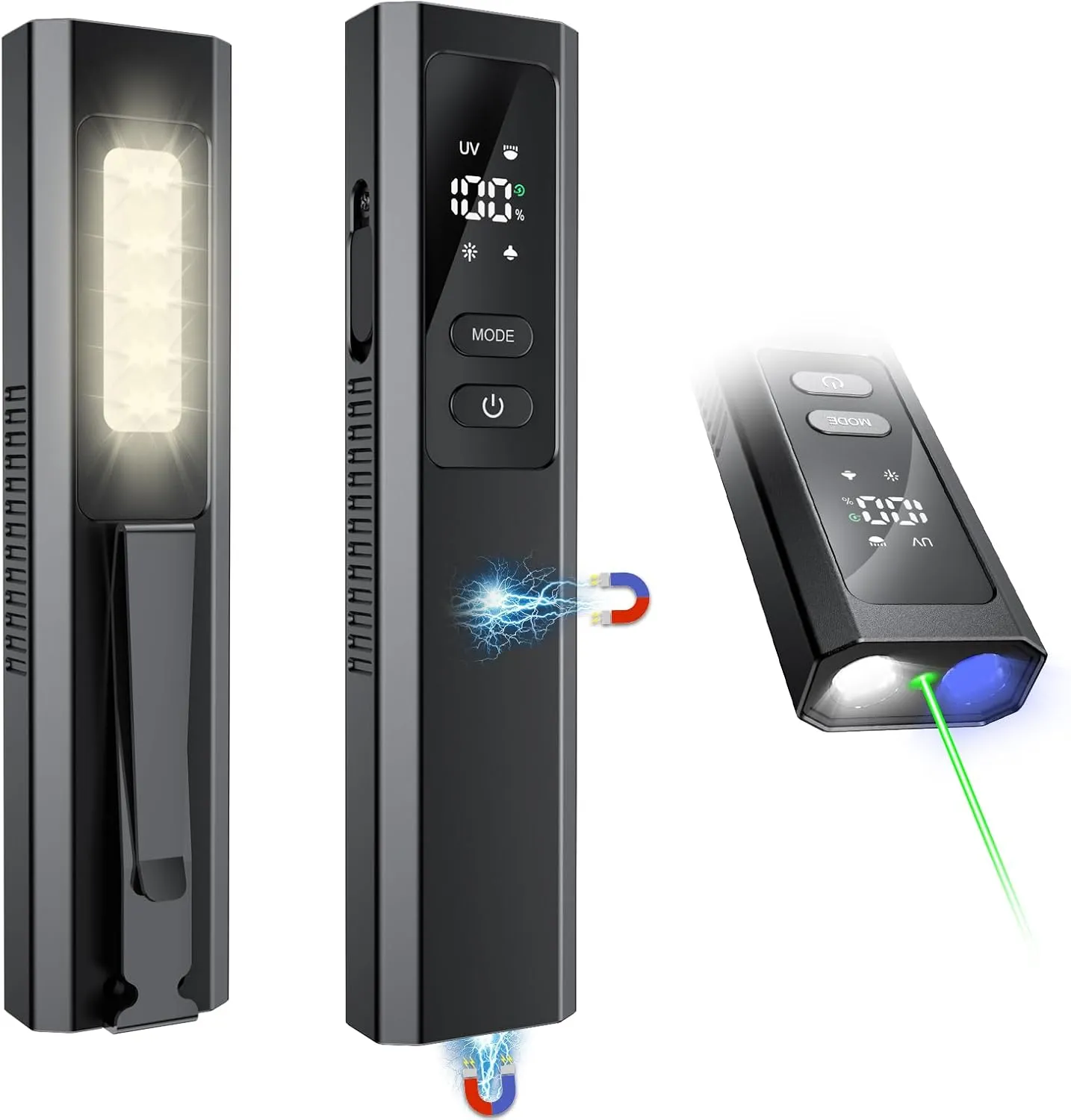 EDC Flashlight 4 in 1 Pocket Magnetic Flashlight High Lumens Work Light with Green Beam & UV Light & Warning Light Combo EDC Rechargeable LT-010 (Black)