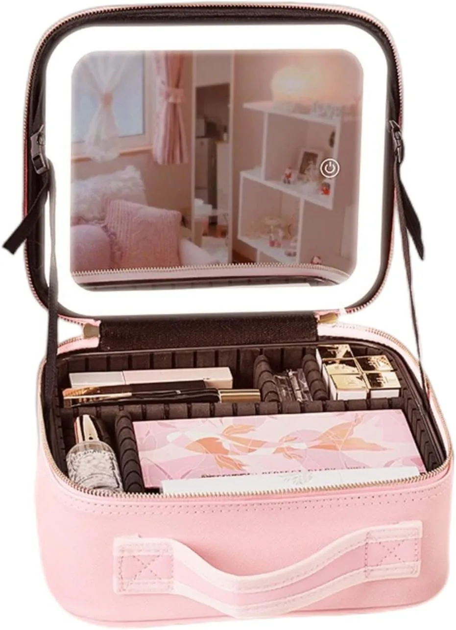 EGEN Makeup Travel Case with Lights Mirror Cosmetic Bag Waterproof Makeup Train Case Adjustable Dividers Organizer for Women Business Home (Pink)