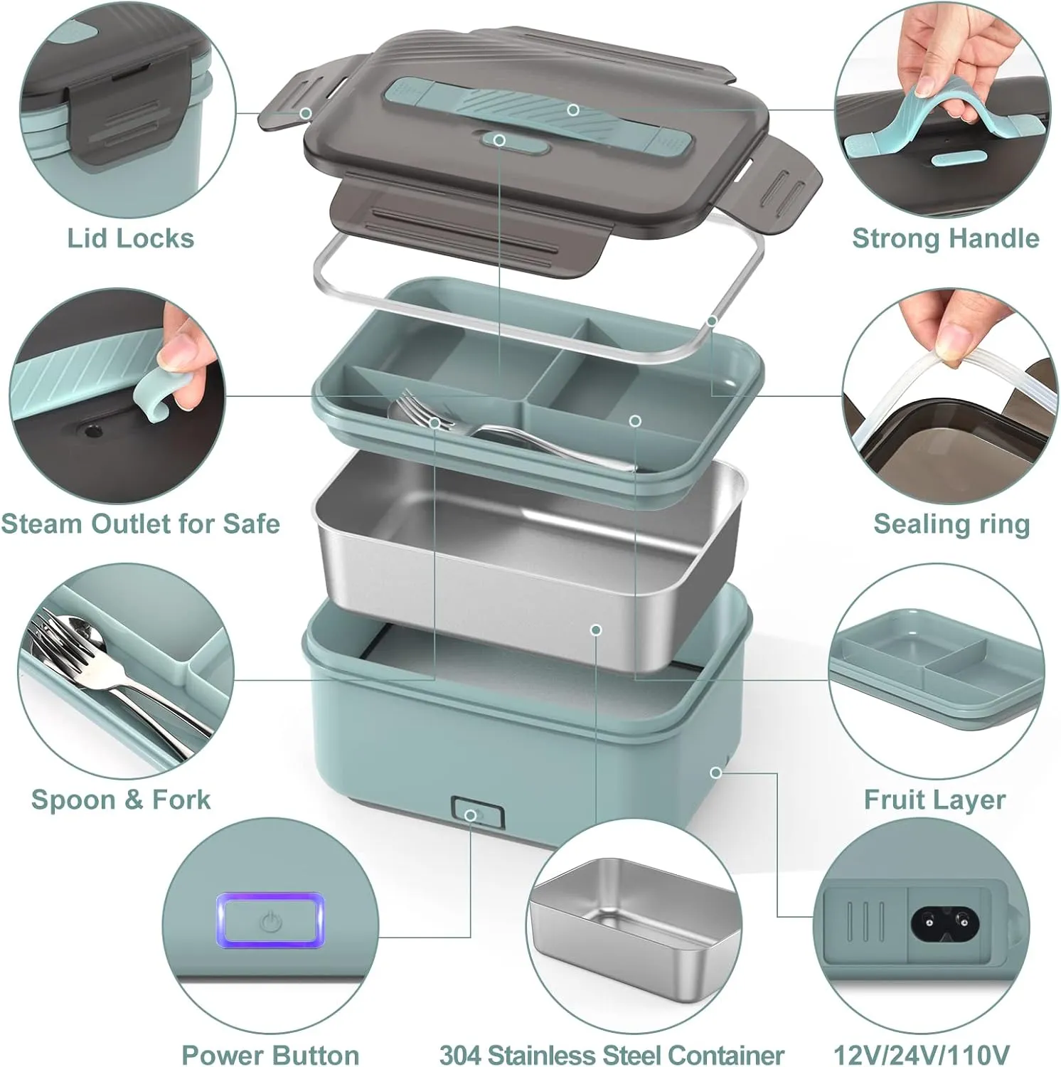 Electric Heated Lunch Box for Car, Truck, Home – 1.8L 100W Portable Food Warmer with 12V/24V/110V/220V Plug – Stainless Steel Leakproof Container – Hot Meal Solution for Work, Travel, Jobsite, Camping