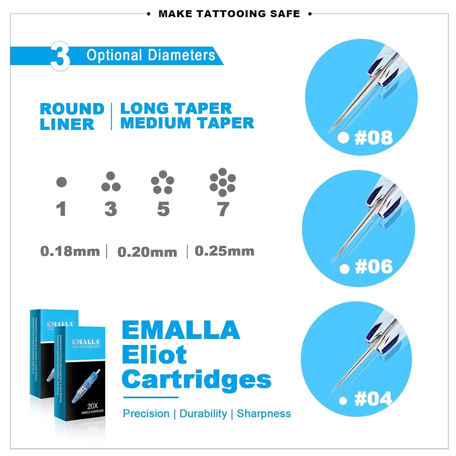 Emalla ELIOT Tattoo Cartridge Needles, 20Pcs Premium Tattoo Needles #08 Bugpin Round Liner Tattoo Cartridges 0803RLL Tattoo Needles Diameter 0.25mm Long Taper 5.0mm for Machine Tattoo Supplies