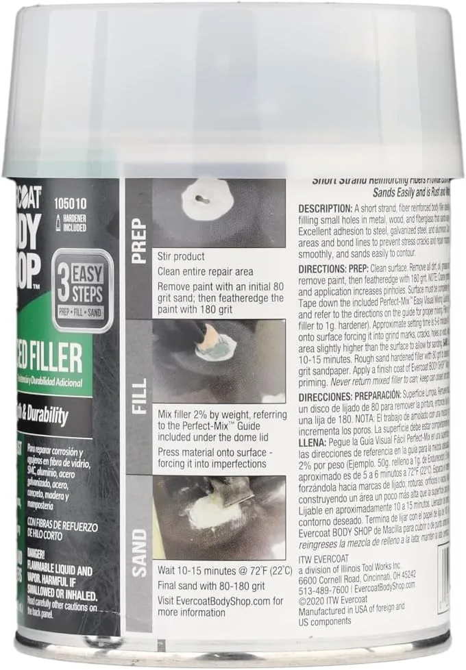Evercoat Body Shop 105010 Pro-Grade Reinforced Filler, Added Strength and Durability for Dents in Aluminum, Fiberglass & More, Easy Mix Hardener Included 13 Fl Oz.