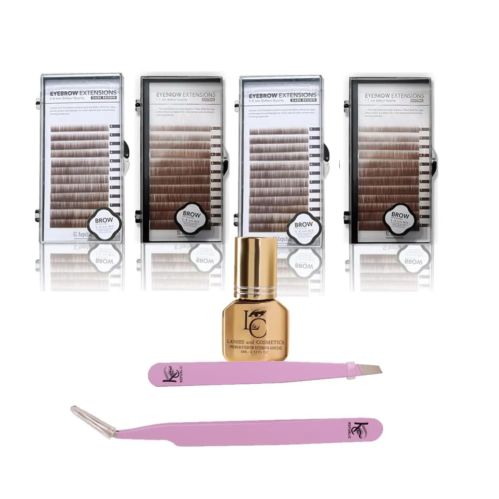 Eyebrow Extensions Premium Kit with 4 Trays of Mink Eyebrows in 2 Dark Brown, 2 Brown, Comes on Mixed Length Trays 5-8 Mm Mix, Eyebrow Premium Glue & Extension Tweezers