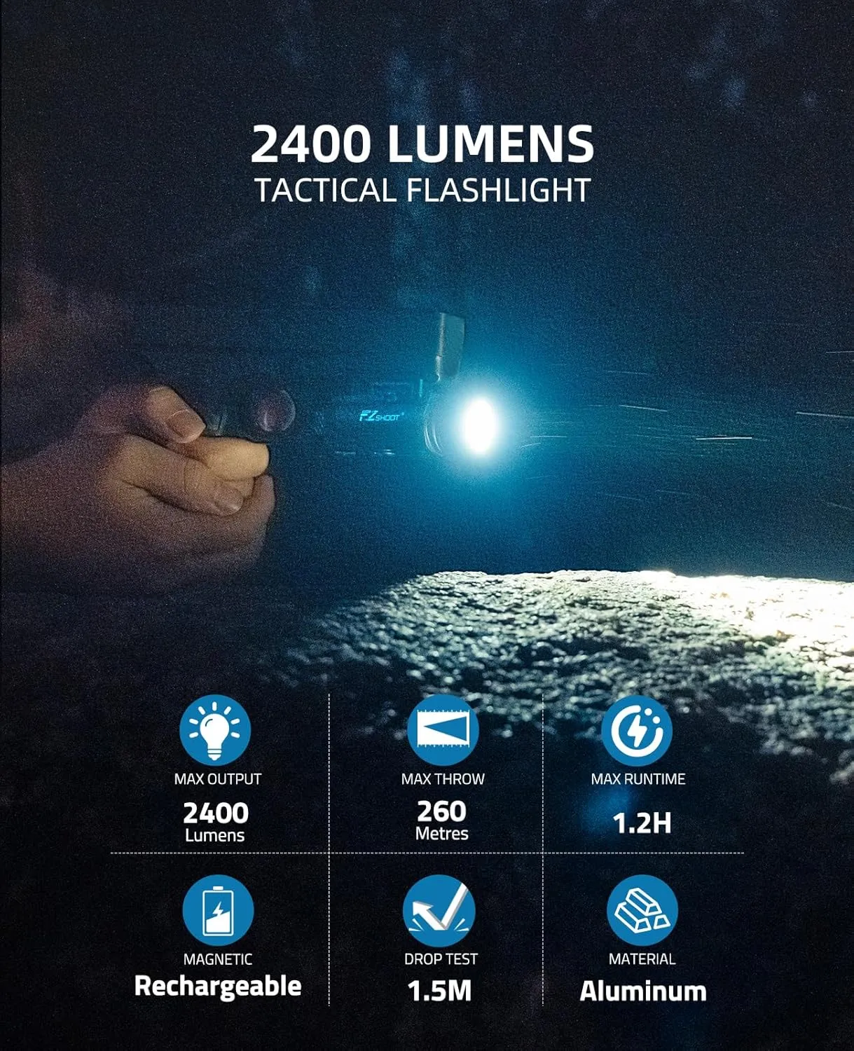 EZshoot 2400 Lumens Flashlight with Strobe Mode, High Lumen Magnetic Rechargeable Led Tactical Light with Quick Install Design, Light with Adjustable Slide Rail for Picatinny GL Rail