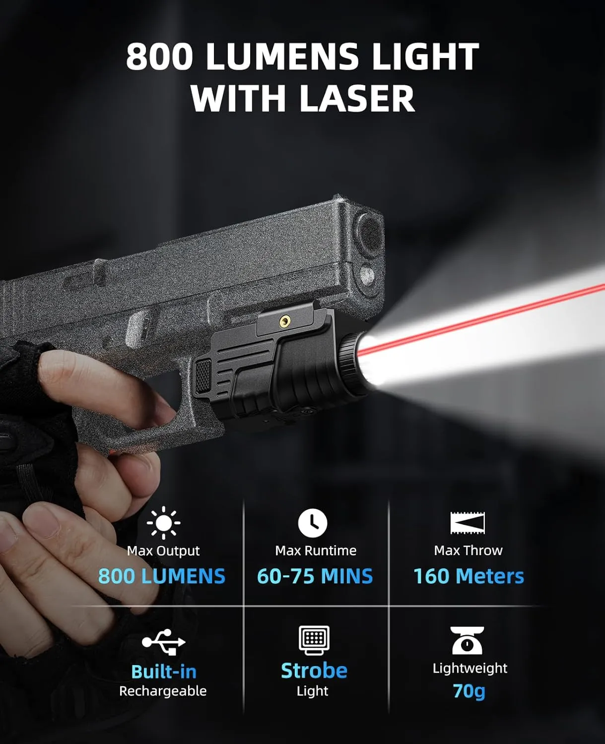 EZshoot 800 Lumens Pistol Light Laser Combo Rechargeable, Compact Pistol Flashlight with Slidable Rail Compatible with Glock and Picatinny Rail, Tactical Flashlight with Red Laser Beam
