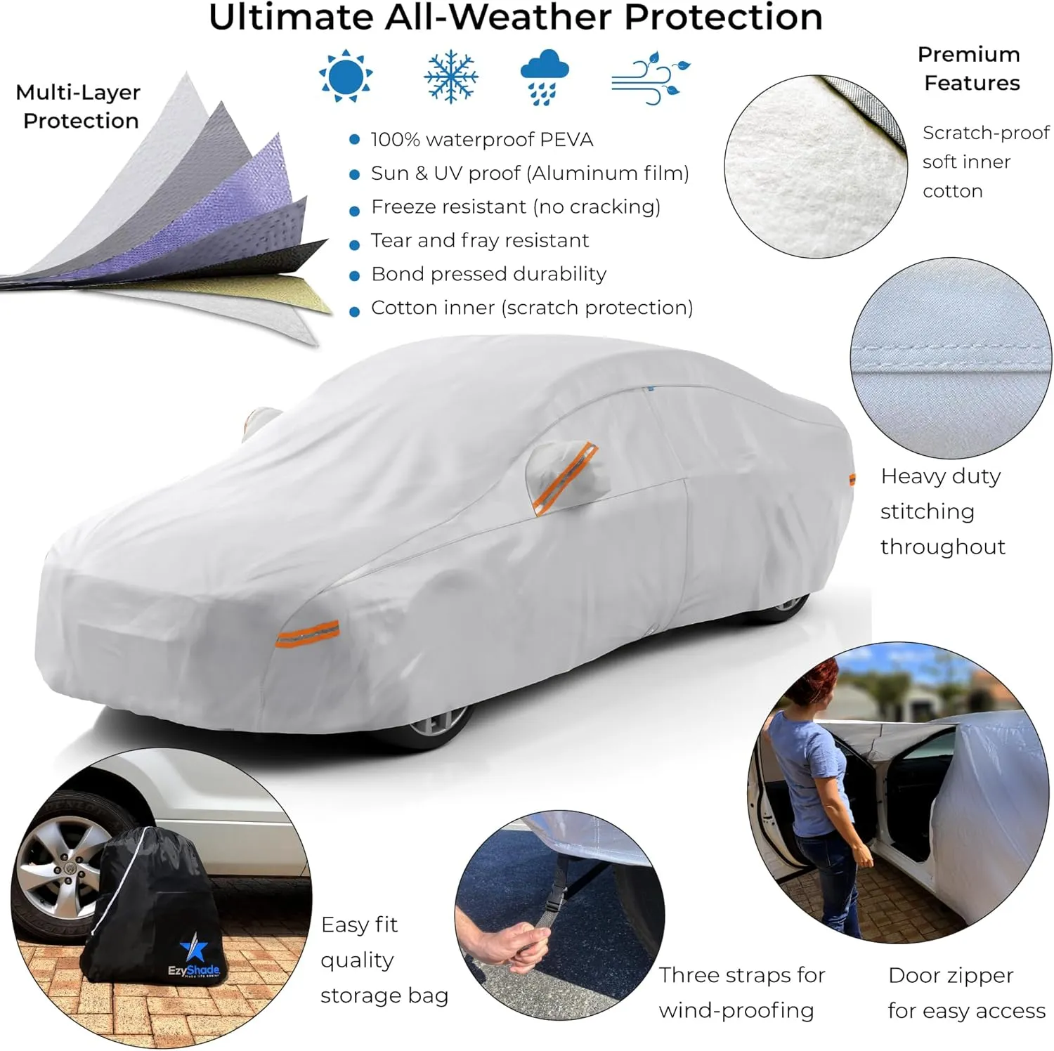 EzyShade 10-Layer Car Cover Waterproof All Weather. See Vehicle Size-Chart for Accurate Fit. Outdoor Full Exterior Covers for Automobiles Sedan Hatch SUV Rain Sun Protection. Size A5 (See SizeChart)