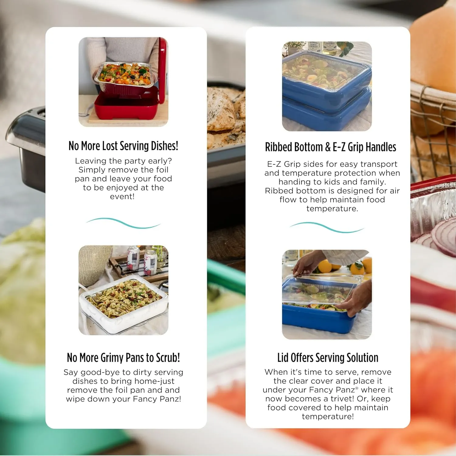 Fancy Panz Classic, Food Serving Tray, Made in the USA Foil Pan Carrier, Stackable Aluminum Pan Holders with Clear Lid, Travel Casserole Carrier With 1 Disposable Foil Pan & Serving Spoon, Denim Blue