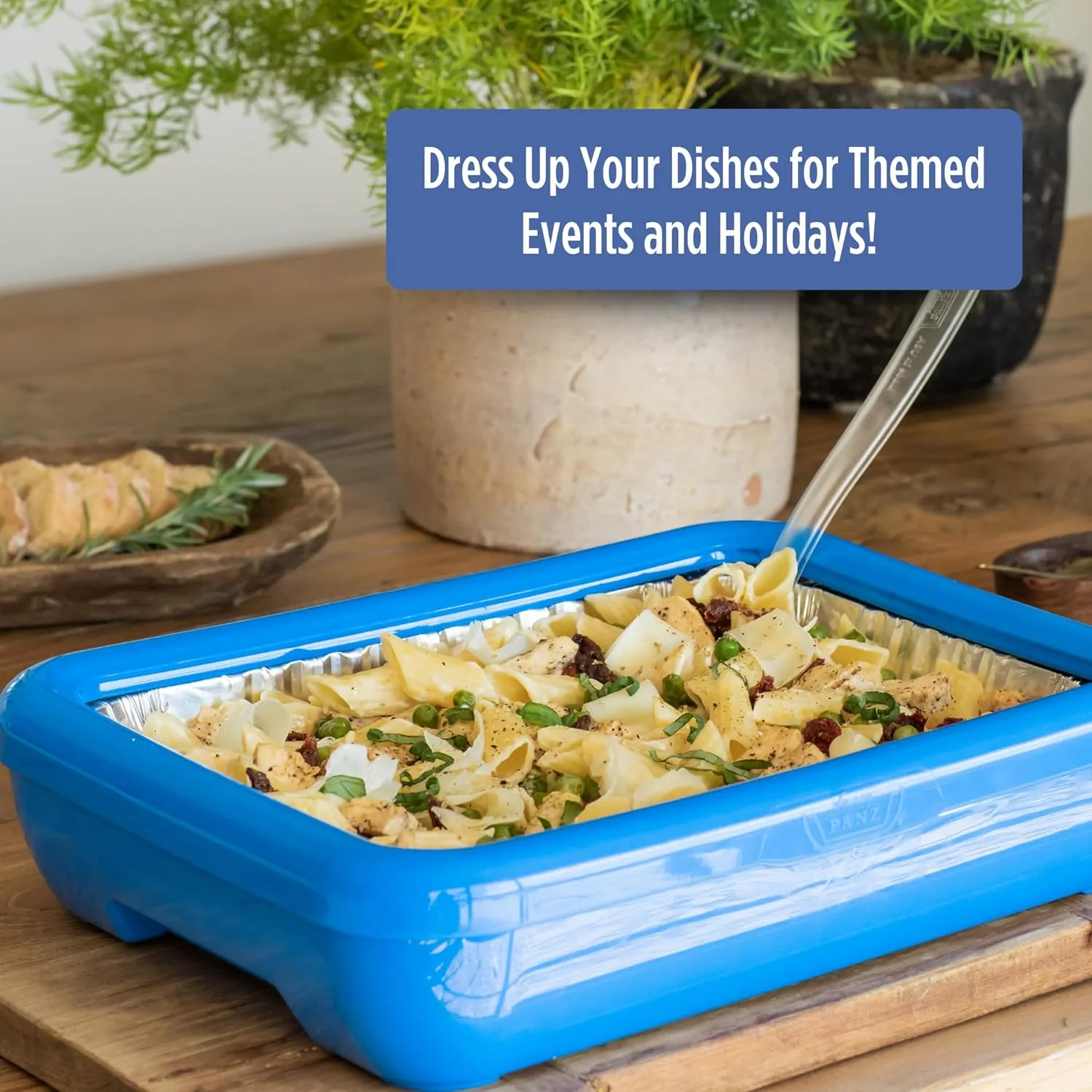 Fancy Panz Classic, Food Serving Tray, Made in the USA Foil Pan Carrier, Stackable Aluminum Pan Holders with Clear Lid, Travel Casserole Carrier With 1 Disposable Foil Pan & Serving Spoon, Denim Blue