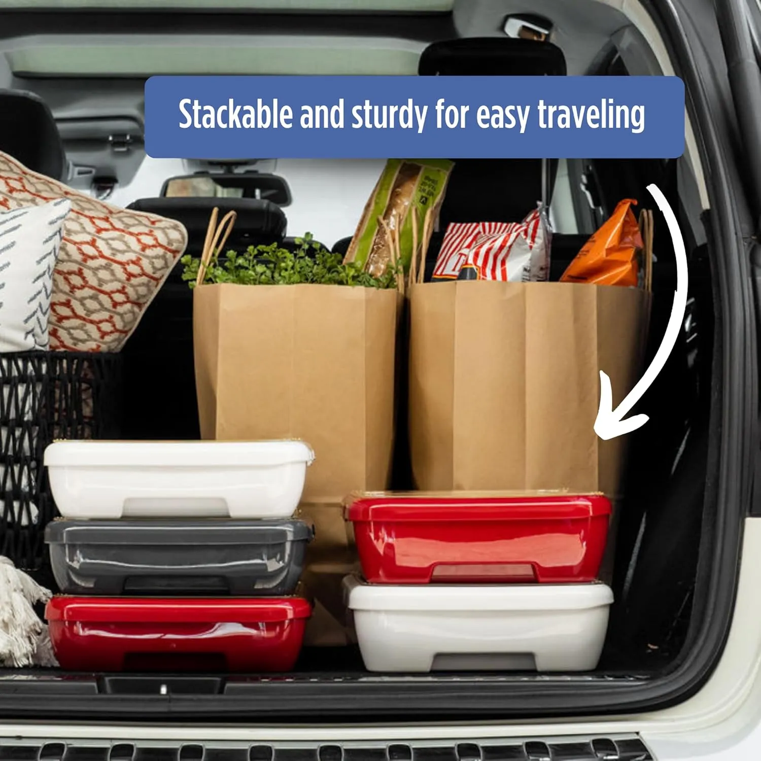 Fancy Panz Classic, Food Serving Tray, Made in the USA Foil Pan Carrier, Stackable Aluminum Pan Holders with Clear Lid, Travel Casserole Carrier With 1 Disposable Foil Pan & Serving Spoon, Denim Blue
