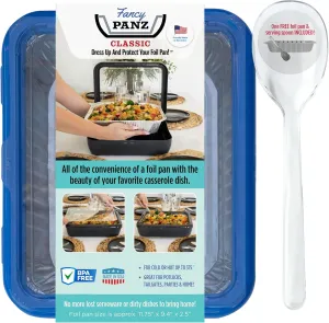 Fancy Panz Classic, Food Serving Tray, Made in the USA Foil Pan Carrier, Stackable Aluminum Pan Holders with Clear Lid, Travel Casserole Carrier With 1 Disposable Foil Pan & Serving Spoon, Denim Blue