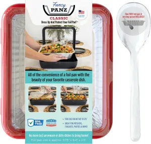Fancy Panz Classic, Serving Tray for Food, Made in the USA Foil Pan Carrier, Stackable Aluminum Pan Holders with Clear Lid, Travel Casserole Carrier With 1 Disposable Foil Pan & Serving Spoon, Red