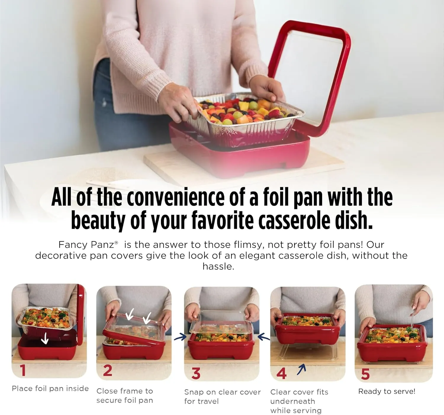 Fancy Panz Classic, Serving Tray for Food, Made in the USA Foil Pan Carrier, Stackable Aluminum Pan Holders with Clear Lid, Travel Casserole Carrier With 1 Disposable Foil Pan & Serving Spoon, Red
