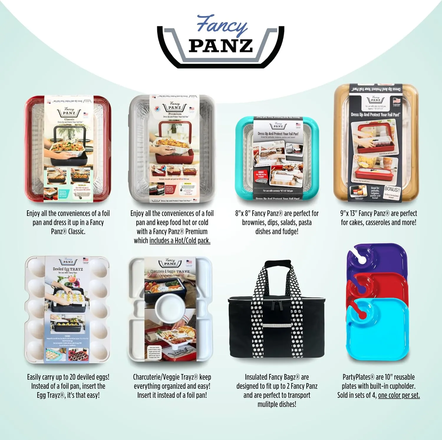Fancy Panz Classic, Serving Tray for Food, Made in the USA Foil Pan Carrier, Stackable Aluminum Pan Holders with Clear Lid, Travel Casserole Carrier With 1 Disposable Foil Pan & Serving Spoon, Red