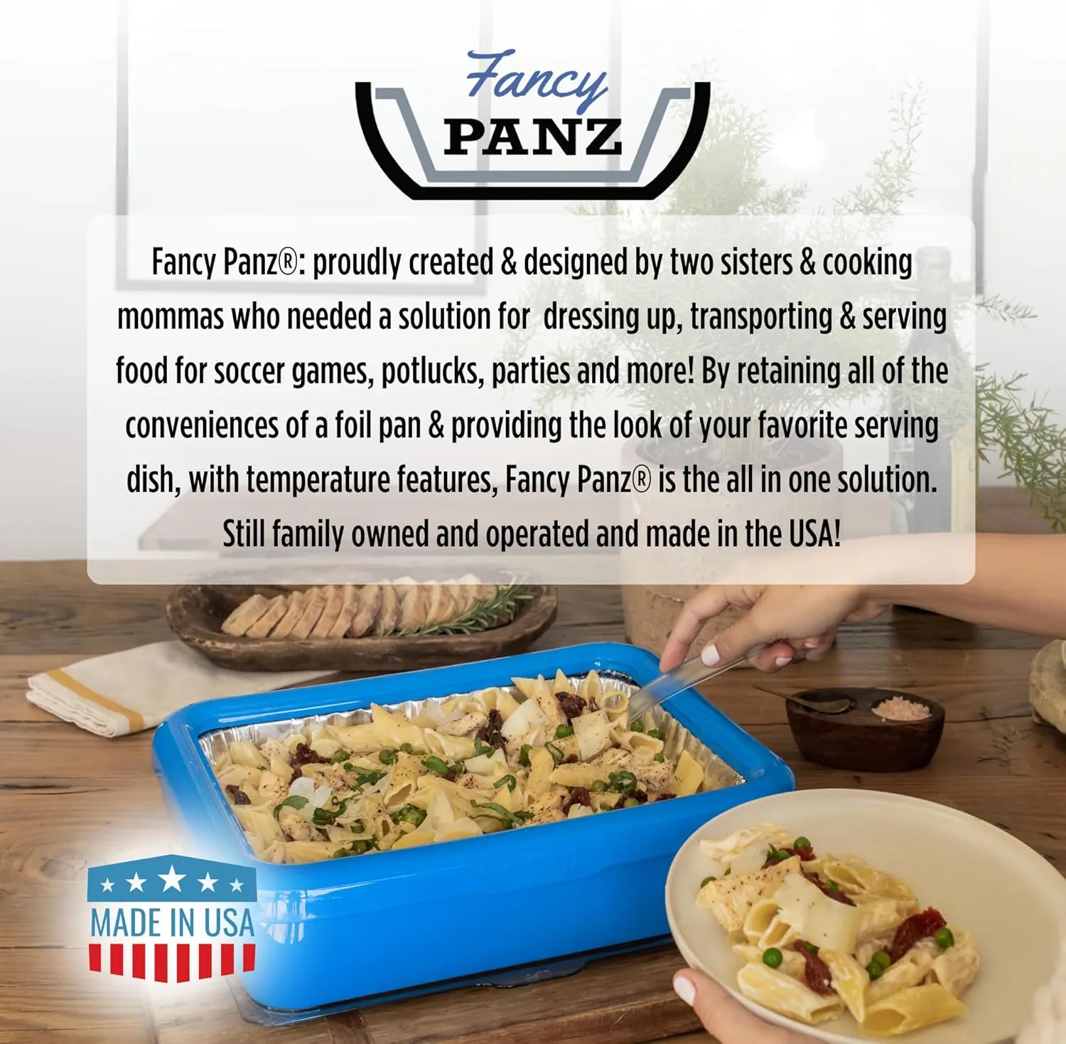 Fancy Panz Classic, Serving Tray for Food, Made in the USA Foil Pan Carrier, Stackable Aluminum Pan Holders with Clear Lid, Travel Casserole Carrier With 1 Disposable Foil Pan & Serving Spoon, Red
