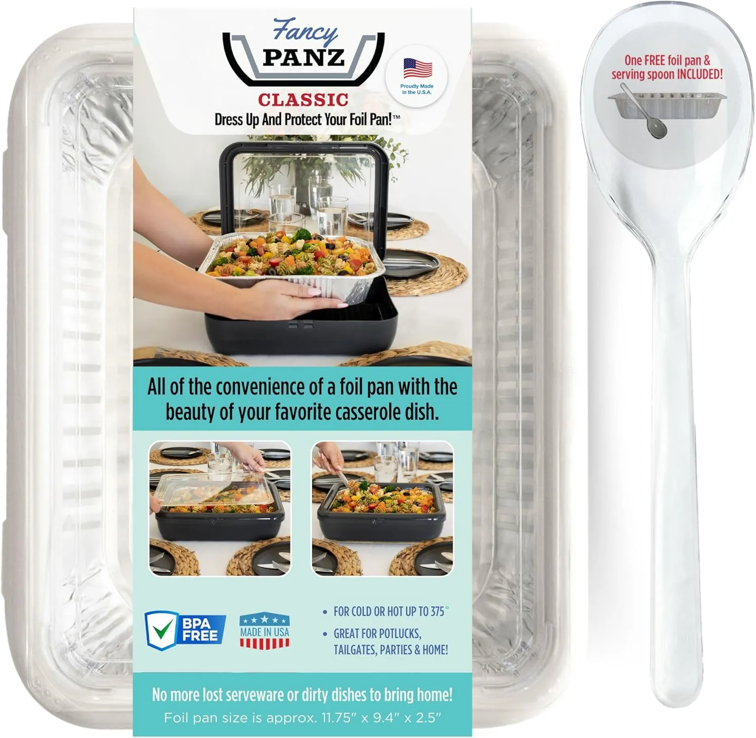 Fancy Panz Classic, Serving Tray for Food, Made in the USA Foil Pan Carrier, Stackable Aluminum Pan Holders with Clear Lid, Travel Casserole Carrier With 1 Disposable Foil Pan & Serving Spoon, White