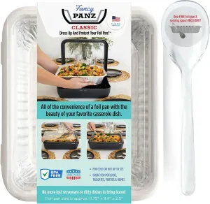 Fancy Panz Classic, Serving Tray for Food, Made in the USA Foil Pan Carrier, Stackable Aluminum Pan Holders with Clear Lid, Travel Casserole Carrier With 1 Disposable Foil Pan & Serving Spoon, White
