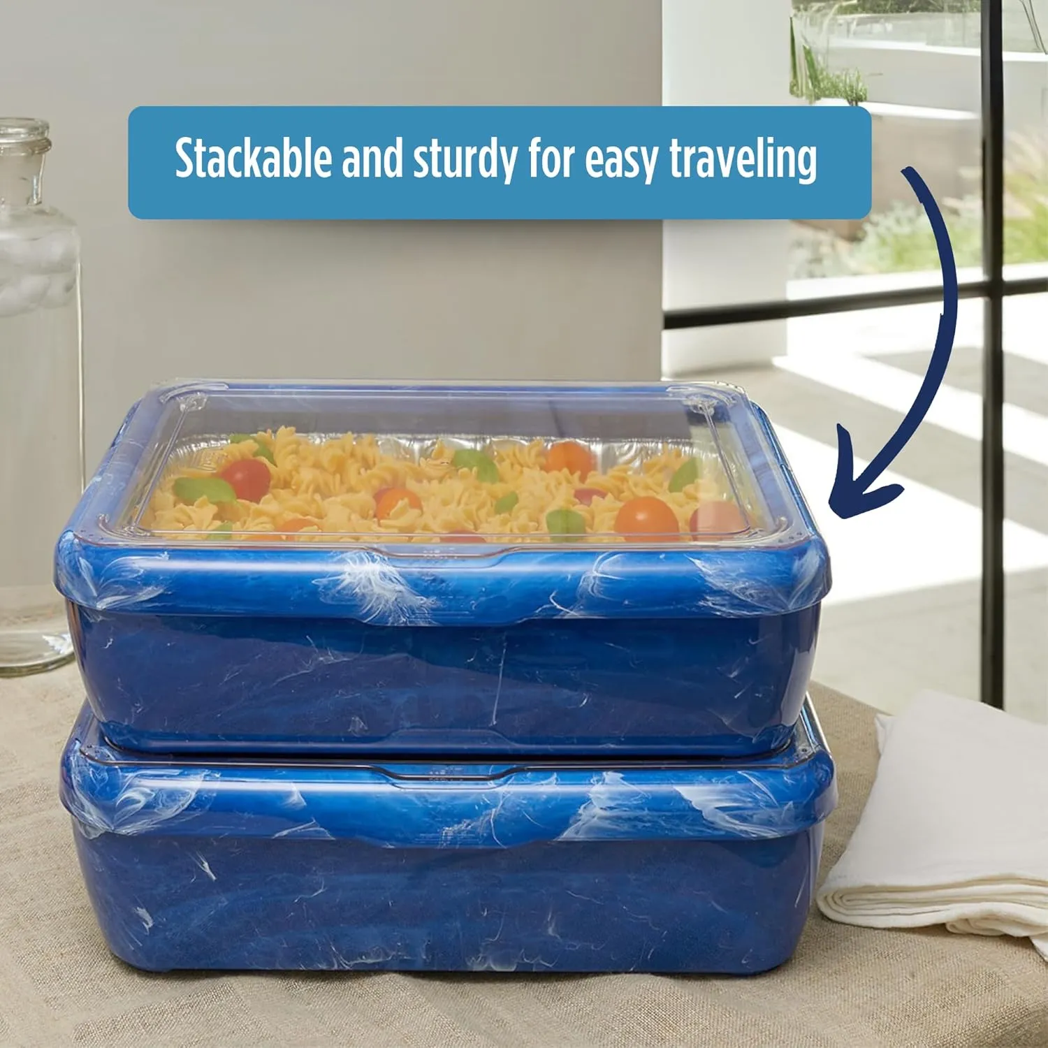 Fancy Panz Premium, Serving Tray for Food, Made in The USA Foil Pan Carrier, Stackable Aluminum Pan Holders, Travel Casserole Carrier, Blue Marble