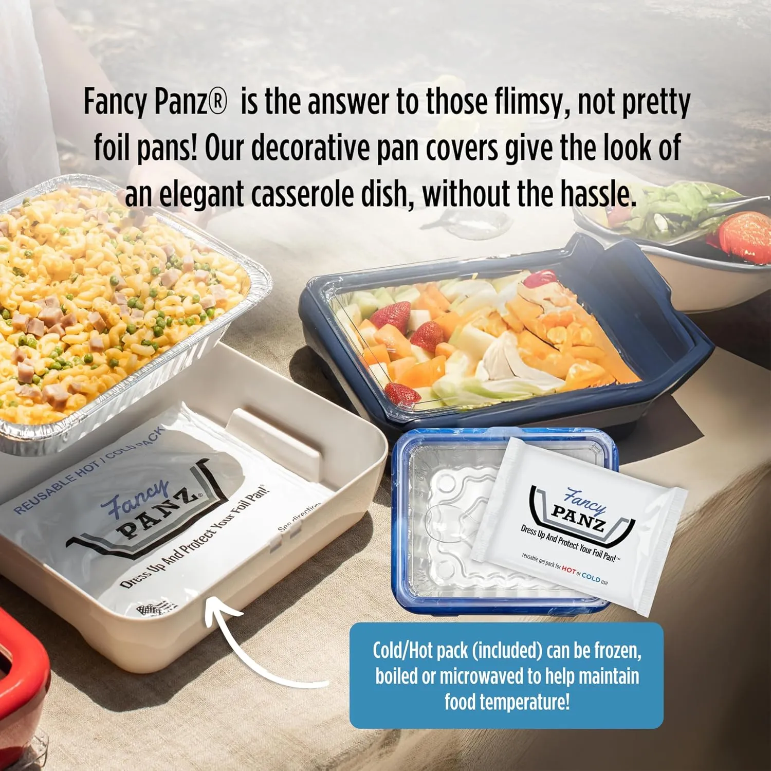 Fancy Panz Premium, Serving Tray for Food, Made in The USA Foil Pan Carrier, Stackable Aluminum Pan Holders, Travel Casserole Carrier, Blue Marble