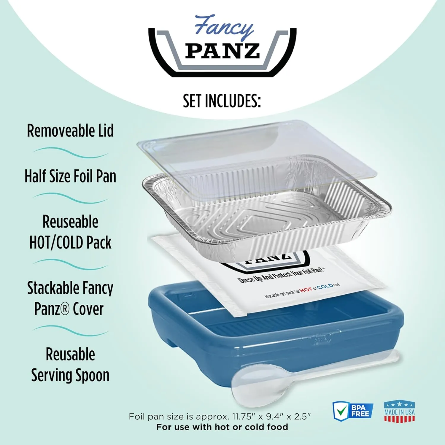 Fancy Panz Premium, Serving Tray for Food, Made in The USA Foil Pan Carrier, Stackable Aluminum Pan Holders, Travel Casserole Carrier, Blue Marble
