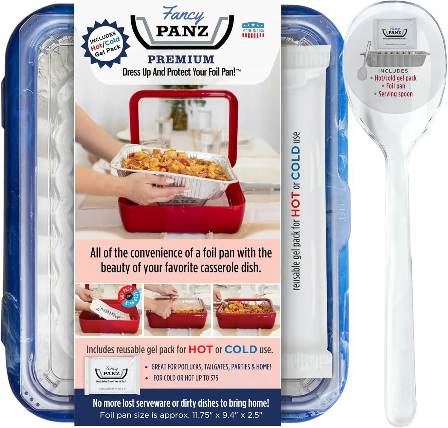 Fancy Panz Premium, Serving Tray for Food, Made in The USA Foil Pan Carrier, Stackable Aluminum Pan Holders, Travel Casserole Carrier, Blue Marble