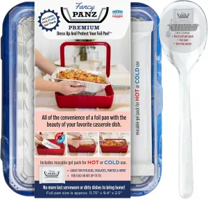 Fancy Panz Premium, Serving Tray for Food, Made in The USA Foil Pan Carrier, Stackable Aluminum Pan Holders, Travel Casserole Carrier, Blue Marble