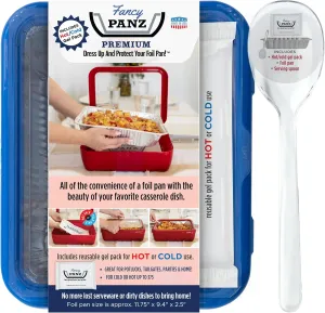Fancy Panz Premium, Serving Tray for Food, Made in the USA Foil Pan Carrier, Stackable Aluminum Pan Holders, Travel Casserole Carrier, Denim Blue
