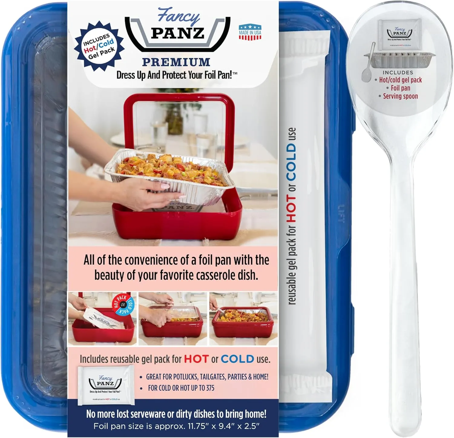 Fancy Panz Premium, Serving Tray for Food, Made in the USA Foil Pan Carrier, Stackable Aluminum Pan Holders, Travel Casserole Carrier, Denim Blue