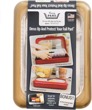 Fancy Panz, Serving Tray for Food, Made in the USA Foil Pan Carrier, Stackable Aluminum Pan Holders, 9x13x2 Travel Casserole Carrier, Gold Glitter