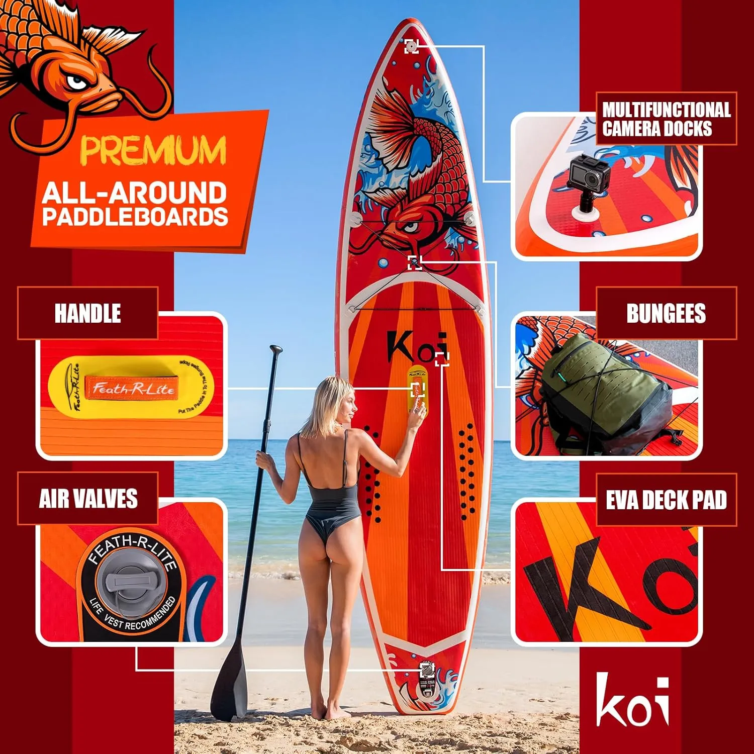 FEATH-R-LITE Inflatable Paddle Board Stand Up Paddleboards for Adults SUP with Premium Accessories Pump, Adjustable Paddle, Leash, Three Fins, Backpack