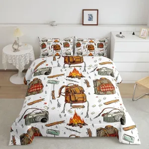 Feelyou Camping Comforter Set Full Size Camper Comforter Accessories for Travel Trailers Bedding Set Camping Backpack Print Duvet Set Room Decor Jade White Quilt Set