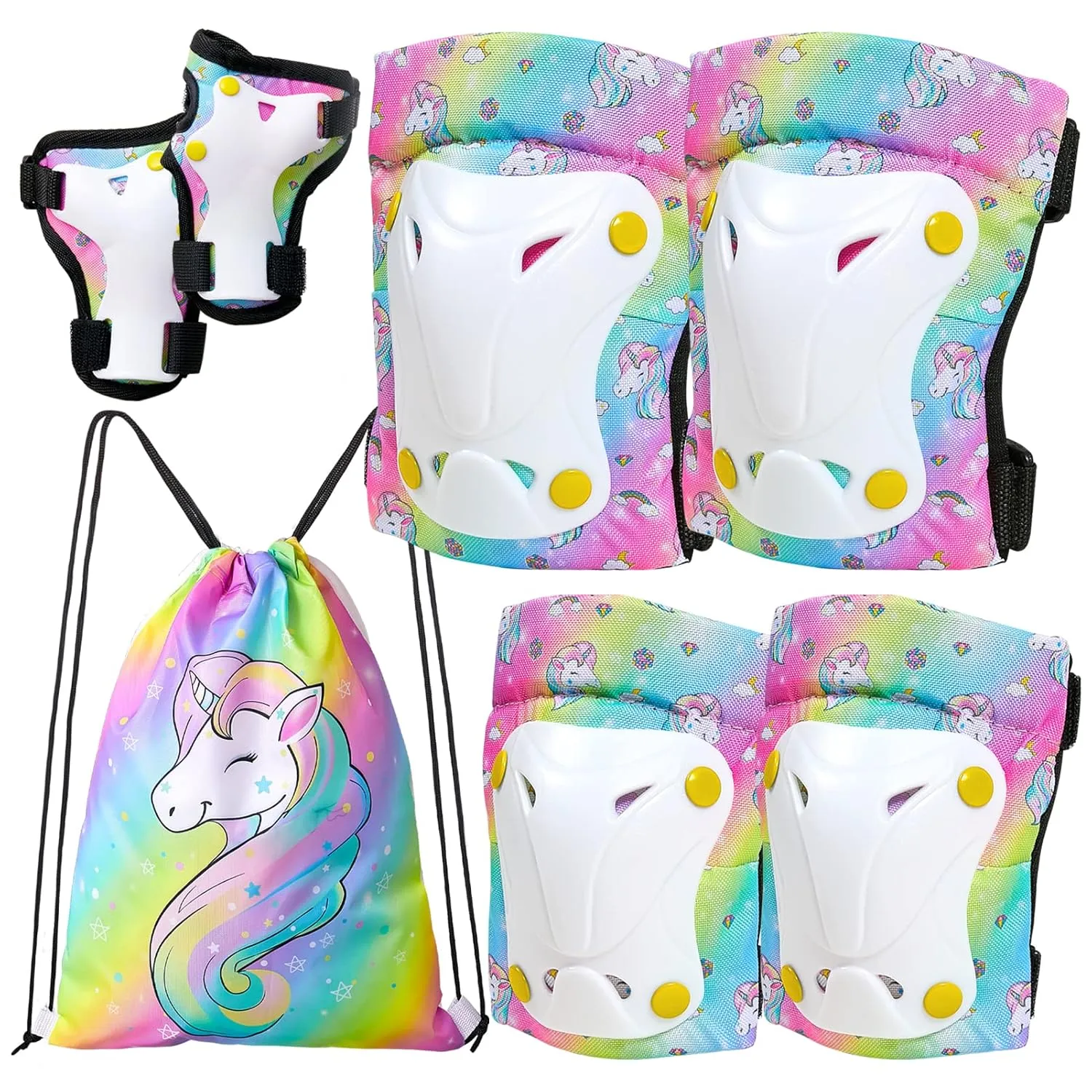 FIODAY Knee Pads for Kids Toddler Knee Pads and Elbow Pads Wrist Guards with Drawstring Bag Adjustable Protective Gear Set for Girls Boys Skating Cycling Skateboard Scooter,9-15 Years,Rainbow