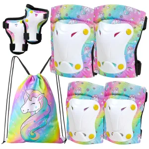 FIODAY Knee Pads for Kids Toddler Knee Pads and Elbow Pads Wrist Guards with Drawstring Bag Adjustable Protective Gear Set for Girls Boys Skating Cycling Skateboard Scooter,9-15 Years,Rainbow