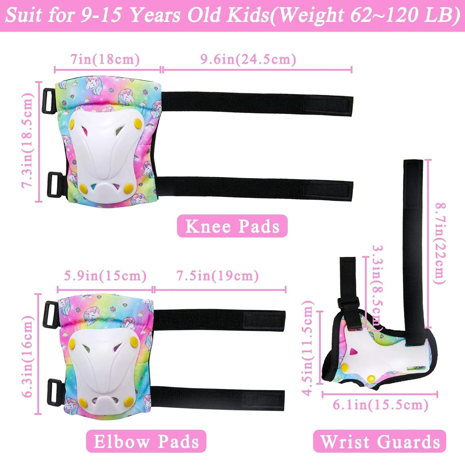 FIODAY Knee Pads for Kids Toddler Knee Pads and Elbow Pads Wrist Guards with Drawstring Bag Adjustable Protective Gear Set for Girls Boys Skating Cycling Skateboard Scooter,9-15 Years,Rainbow