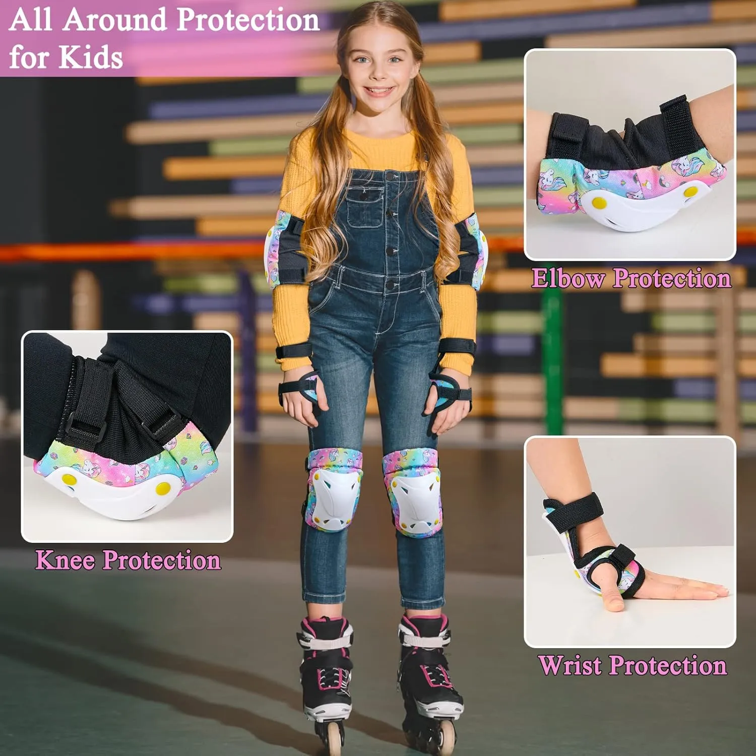 FIODAY Knee Pads for Kids Toddler Knee Pads and Elbow Pads Wrist Guards with Drawstring Bag Adjustable Protective Gear Set for Girls Boys Skating Cycling Skateboard Scooter,9-15 Years,Rainbow