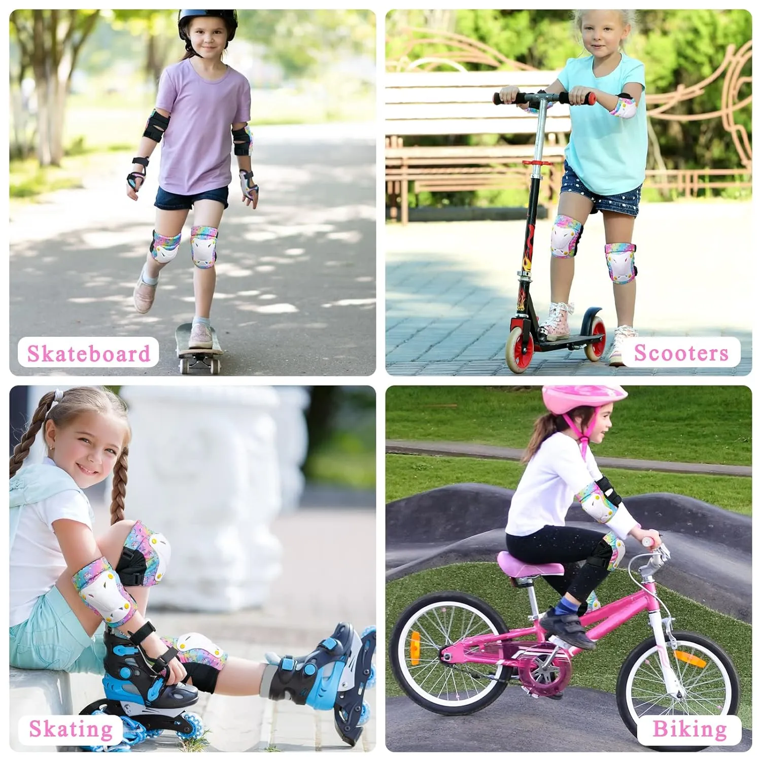 FIODAY Knee Pads for Kids Toddler Knee Pads and Elbow Pads Wrist Guards with Drawstring Bag Adjustable Protective Gear Set for Girls Boys Skating Cycling Skateboard Scooter,9-15 Years,Rainbow