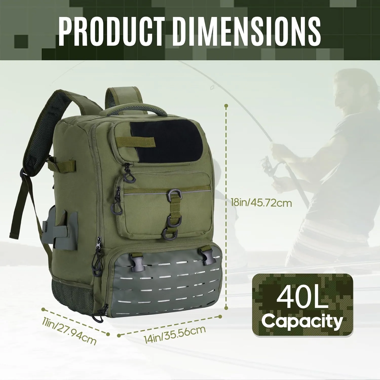 Fishing Backpack, Fishing Tackle Backpack with Cooler, Large 18"x14"x11" Storage, Adjustable Compartments, Ergonomic Design for Fishing, Hiking, and Outdoor Adventures(Dark green)