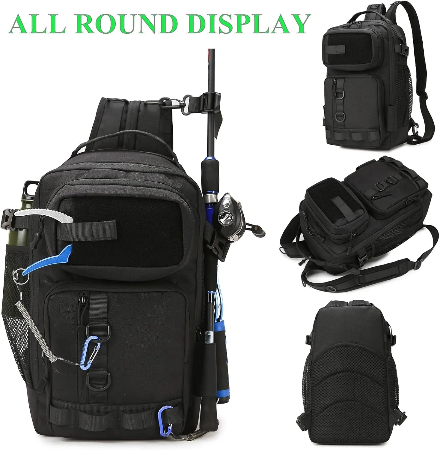 Fishing Backpack - Tackle Sling Bag- Fish Gear Bags with Rod Holder and Fishing Plier (Black)