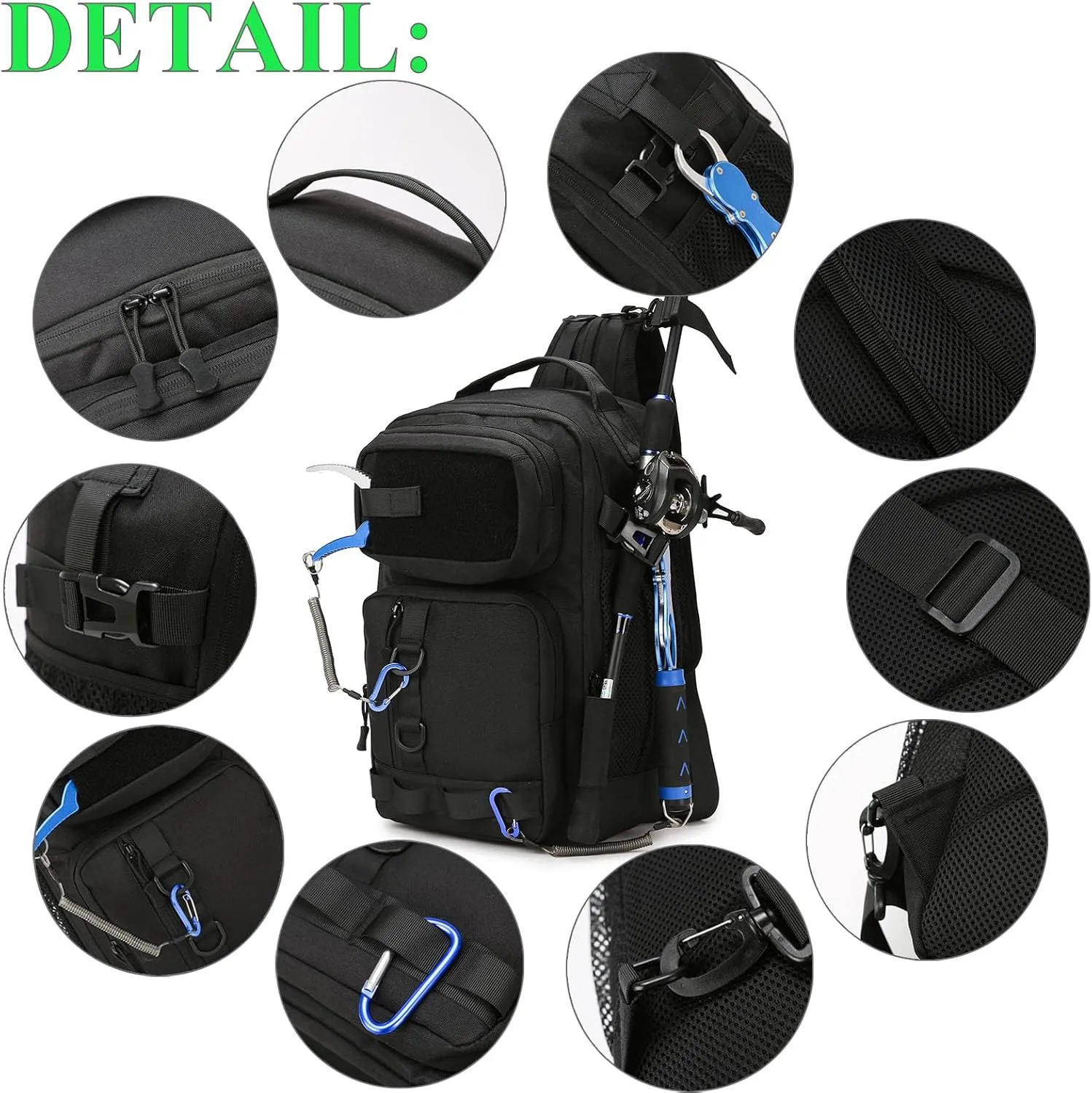 Fishing Backpack - Tackle Sling Bag- Fish Gear Bags with Rod Holder and Fishing Plier (Black)