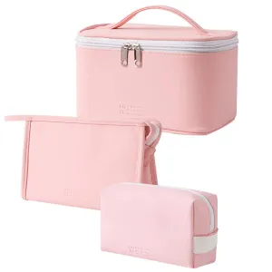 FITINI 3 Pack Makeup Bag Sets Travel Large Toiletry Bag Portable Cosmetic Zipper Pouch with Brush Organizer Waterproof Small Storage Case for Women and Girls,Light Pink