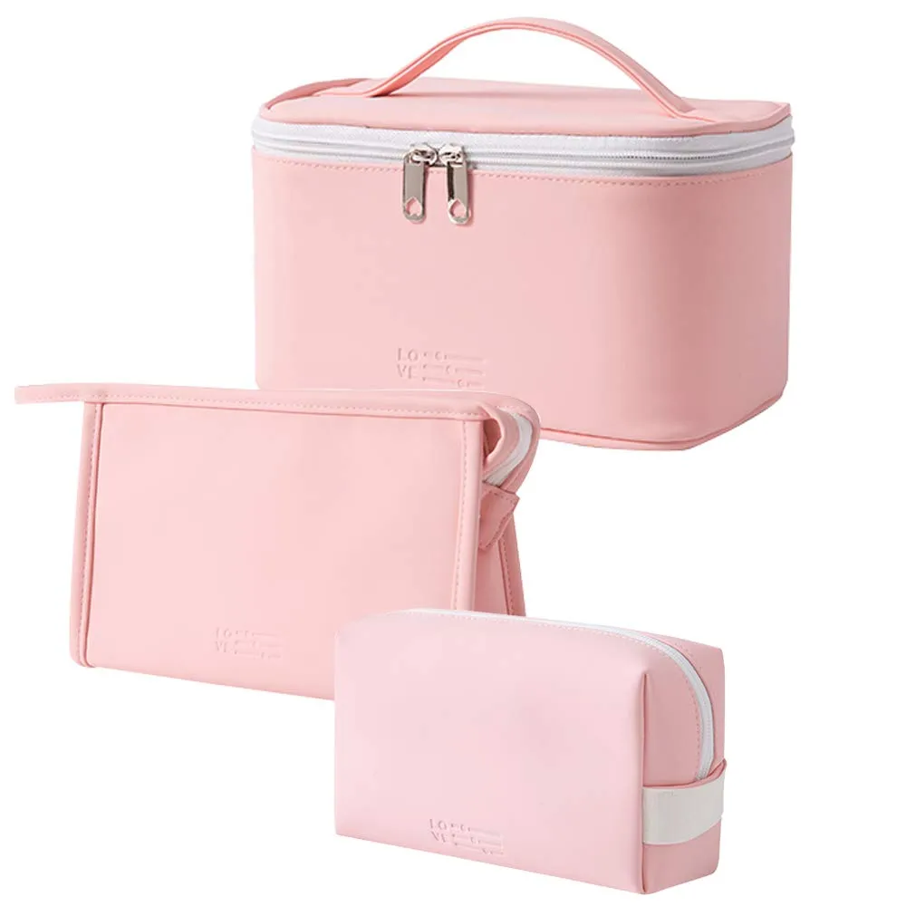 FITINI 3 Pack Makeup Bag Sets Travel Large Toiletry Bag Portable Cosmetic Zipper Pouch with Brush Organizer Waterproof Small Storage Case for Women and Girls,Light Pink
