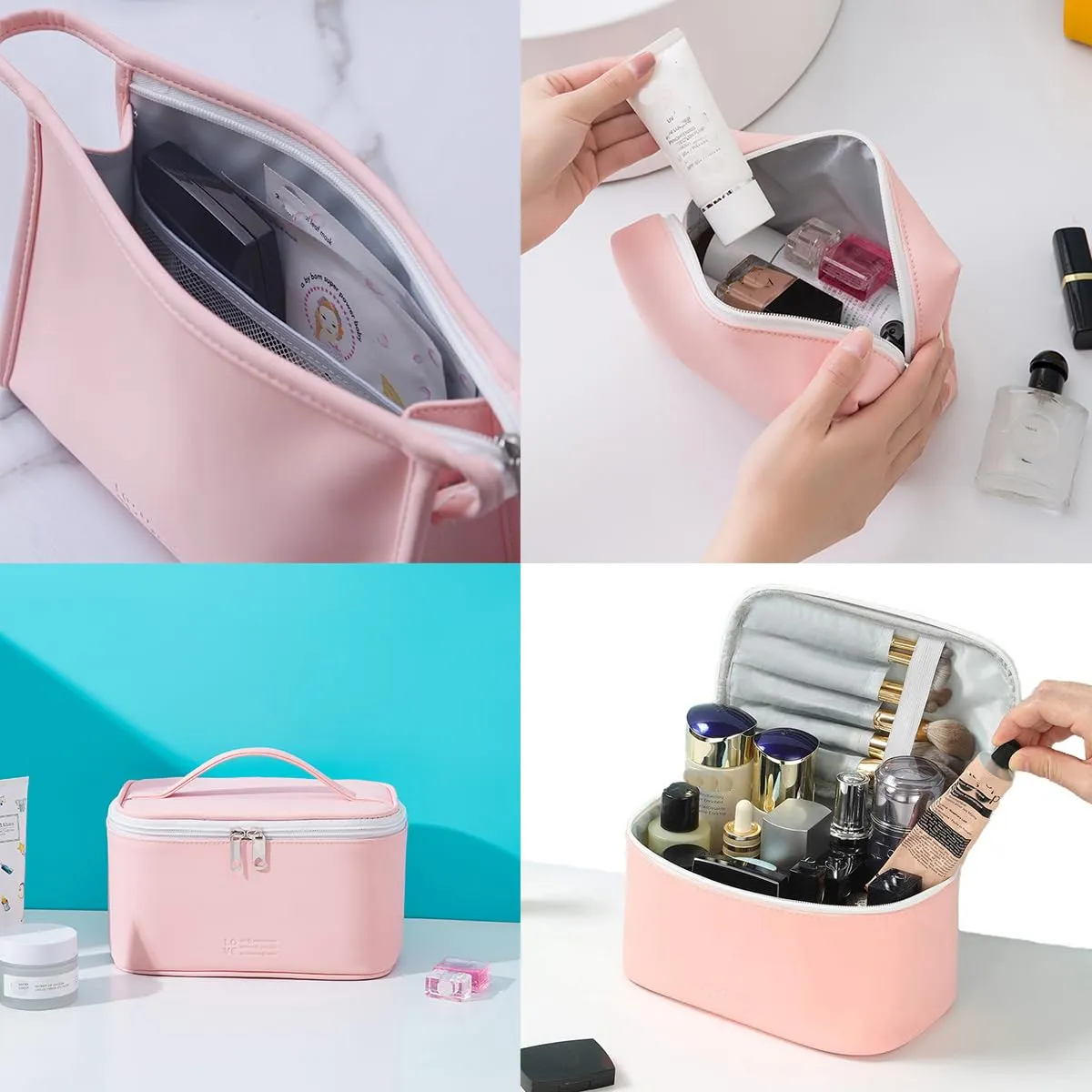 FITINI 3 Pack Makeup Bag Sets Travel Large Toiletry Bag Portable Cosmetic Zipper Pouch with Brush Organizer Waterproof Small Storage Case for Women and Girls,Light Pink