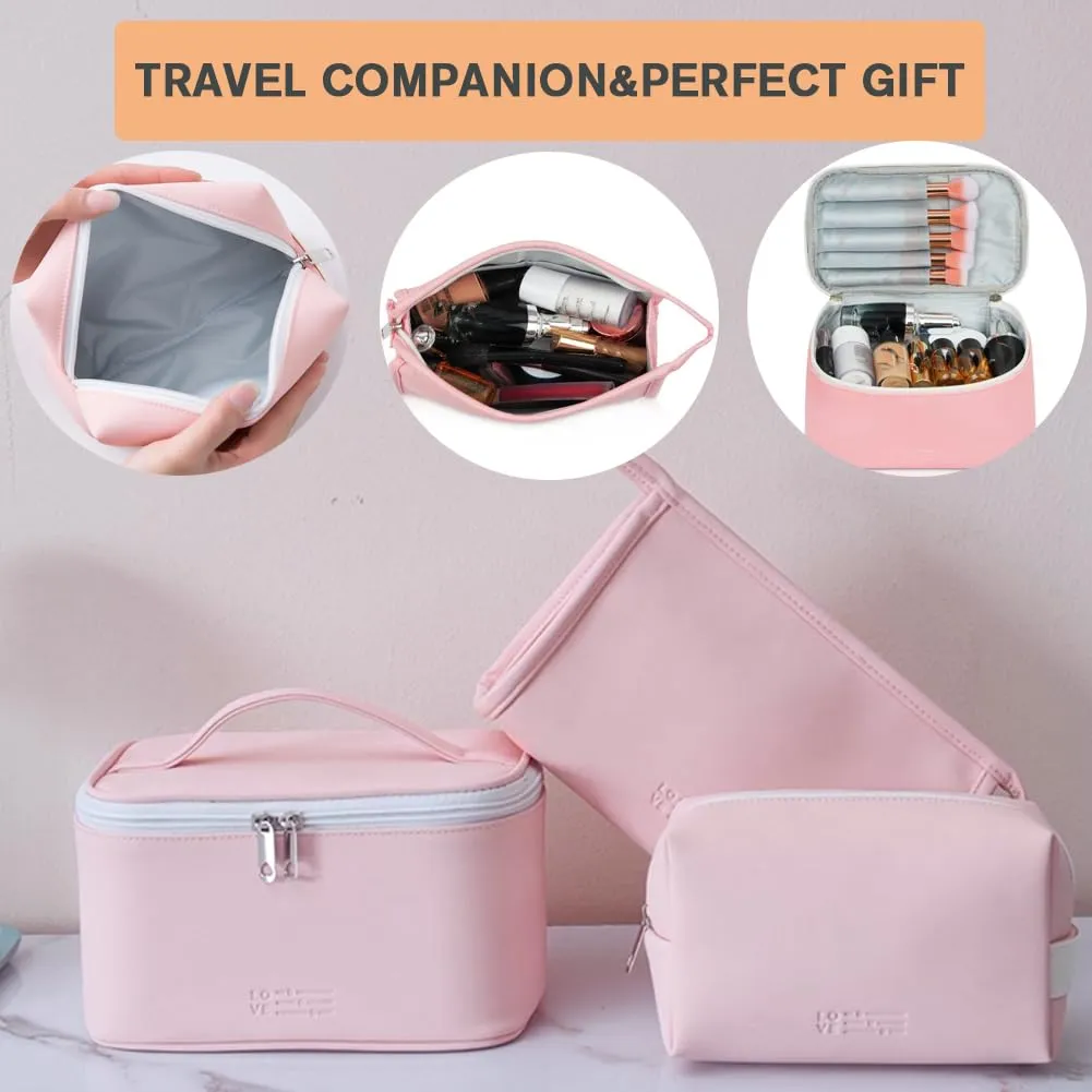 FITINI 3 Pack Makeup Bag Sets Travel Large Toiletry Bag Portable Cosmetic Zipper Pouch with Brush Organizer Waterproof Small Storage Case for Women and Girls,Light Pink