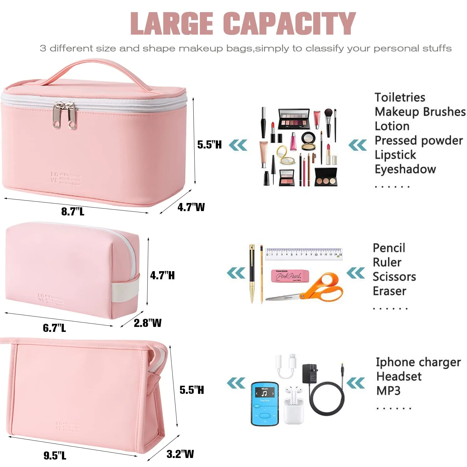 FITINI 3 Pack Makeup Bag Sets Travel Large Toiletry Bag Portable Cosmetic Zipper Pouch with Brush Organizer Waterproof Small Storage Case for Women and Girls,Light Pink